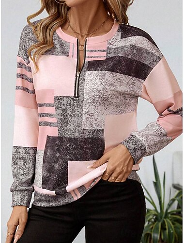  Per donna Felpa Pullover Felpe con cerniera Grafico Geometrico Moda Casual Manica Lunga Girocollo Top Regolari Streetwear Abbigliamento Quotidiano Cerniera Stampato Rosa chiaro Viola Autunno Inverno