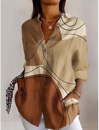  Kobieta Koszula Lnianowa Jak Oddychająca Lekka Graficzna Geometriczna Vintage Codzienna Casual Długi Rękaw Koszula Kołnierzyk Regularne Bluzki Codzienna Wakacyjna Druk Szałwiowy Zielony Żółty Brązowy