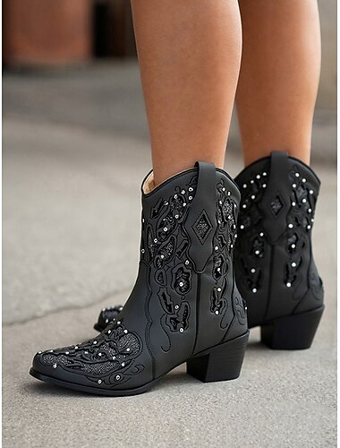  bottes de cowboy western courtes marron foncé pour femmes avec motifs brodés blancs, bout pointu et talon bas pour la danse country et les tenues décontractées