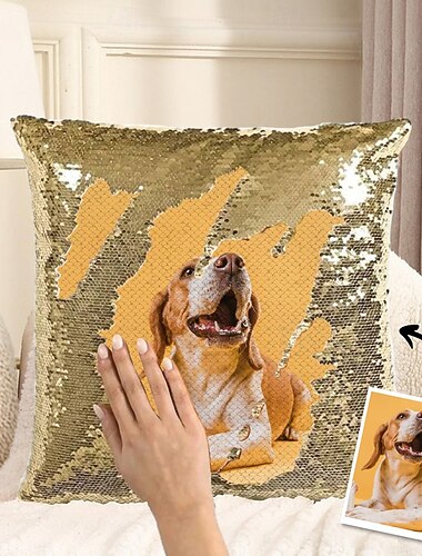 Almofada mágica com lantejoulas e foto personalizada de cachorro, fronha reversível personalizada com a foto do seu animal de estimação, presente para amantes de cães, 16x16 polegadas