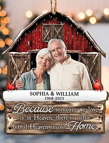  Foto commemorative personalizzate, ornamenti natalizi, fienile rosso in legno personalizzato, idea regalo di Natale per la perdita della persona amata, ornamenti per l'albero di Natale, decorazione