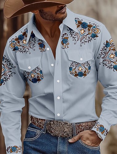  Herren Blumendruck Ethnisch Blumen Hemd Westernhemd Cowboy-Shirt Langarm Vintage-Retro Outdoor Lässig Arbeitskleidung Frühling Herbst Umlegekragen Zwei Fronttaschen Hemden mit Knopfleiste Hellkaki