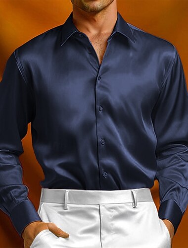  Per uomo Camicia Come la seta Camicia in raso Camicia elegante Camicia casual Camicia con Bottoni Semplice Formale Matrimonio Nero Giallo Rosso Blu marino Manica Lunga Bavero Primavera & Autunno