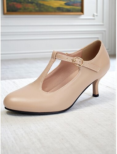  Damskie beżowe czółenka na obcasie typu „kaczuszek” z paskiem w kształcie litery T – eleganckie buty z okrągłym noskiem w stylu lat 50. na jesień i zimę, do pracy, do biura i na eleganckie przyjęcia