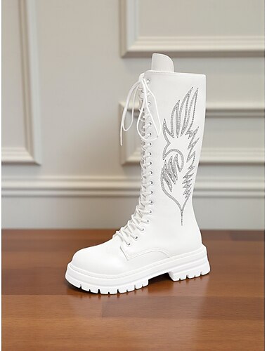  Bottes de combat noires à lacets jusqu'aux genoux pour femmes avec semelles épaisses et design brodé unique, chaussures de mode urbaine élégantes
