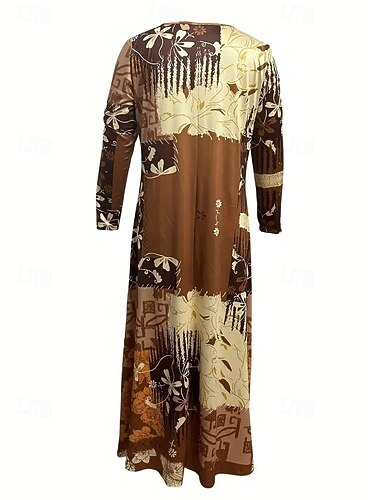  Damskie Sukienka maxi Sukienka ołówkowa Sukienka A line Codzienny Boho Gość weselny Codzienny Wyjściowe Regularny Kwiaty Graficzny Długi rękaw Półgolf Brązowy Wiosna Jesień Zima