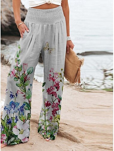  Per donna Pantaloni in cotone e lino Gamba larga Chinos Vacanza Vintage Stile Etnico Lunghezza intera Vita Alta Floreale Tasca Elastico in vita Stampa Comodità All'aperto Elasticizzato Streetwear