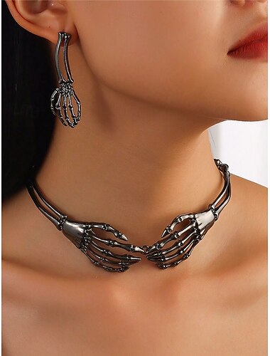  set di orecchini e collana a forma di mano scheletrica per Halloween da donna, stile punk gotico, perfetto per feste in maschera e costumi d'avanguardia