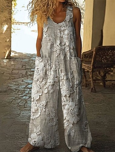  Dam Vanligt Jumpsuits Ledigt Blommig Ärmlös Brett skaft Rund hals Knappar Ficka Gata Dagligen Normal Grå Sommar