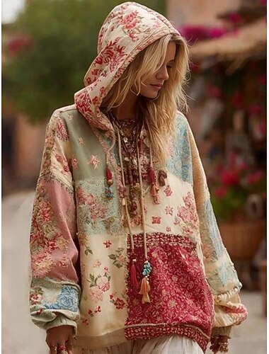  هودي نسائي مطبوع ثلاثي الأبعاد، سويت شيرت غير مقصود، oversized، أكمام طويلة، كاجوال، رسومات أزهار، دافئة، نشطة، مزود بغطاء، tops عادية، للشارع، ملابس يومية، رقعة، وردي، ربيع، خريف، شتاء