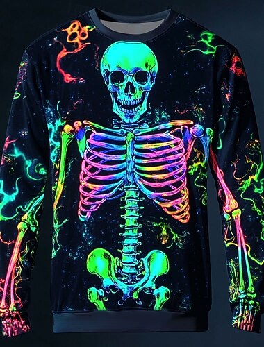  Felpa con teschio da uomo, stile punk, per feste, a maniche lunghe, girocollo, per vacanze, giallo e blu, 3D, per tutte le stagioni, stile teschio, per Halloween, giorno dei morti
