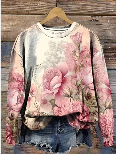  γυναικείο φούτερ μπλούζα boho με φλοράλ σχέδια ζεστό ενεργό vintage μακρυμάνικο στρογγυλή λαιμόκοψη κανονικό τοπ street dailywear casual patchwork print ροζ άνοιξη φθινόπωρο χειμώνας
