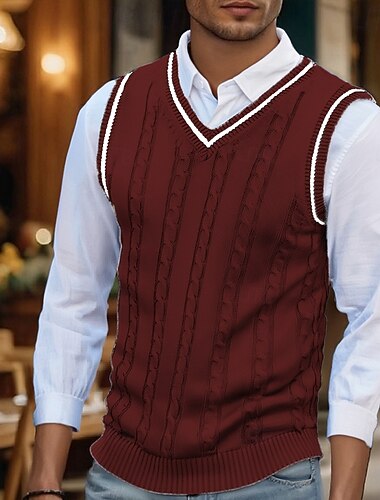 Herren Pullunder Kleid Pullover Pullover Weste Strickpullover Gerippt Zopfmuster Stricken Normale Oberteile Gestrickt Einfach V Ausschnitt Mode Lässig Urlaub Alltagskleidung Bekleidung Herbst Winter