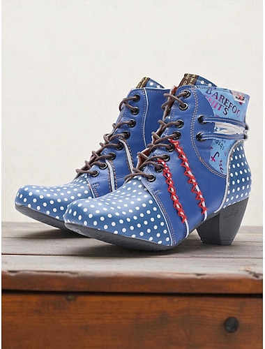  stivaletti da donna retrò anni '50 a pois – stivaletti in pelle patchwork blu con lacci, tacchi bassi, cuciture colorate e stile vintage per outfit casual, festival e look alla moda artistici