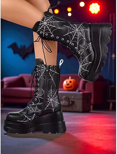  női fekete pókháló platformos harci csizma - gótikus fűzős halloweeni jelmezcipő fesztiválokra és cosplayre