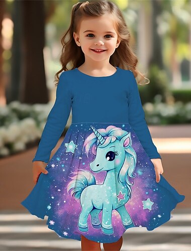  Girls ' 3D Unicornio Vestido Manga Larga Verano Primavera Vacaciones Diario Festivos Princesa Hermosa Dulce Niños 4-12 años Vestido informal Vestido de una línea Hasta la Rodilla Ajuste regular