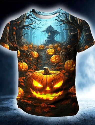  Halloween Homme Potiron 3D T-shirt Manche Courte T-shirt Impression 3D Col ras du cou Chemise Exagéré Designer Horreur Soirée Rue Fête Bleu foncé#1 Été Printemps Toutes saisons Vêtement Tenue S M L