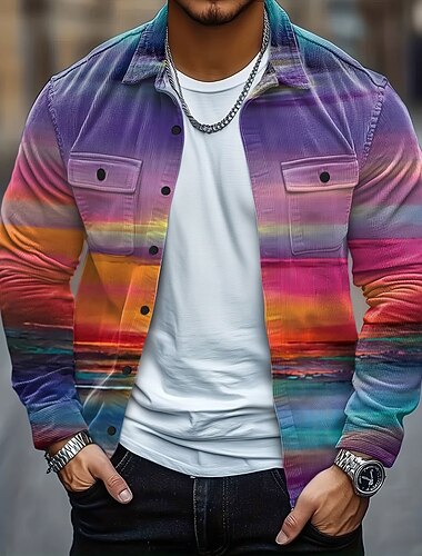  Per uomo Arcobaleno Color-blocking Camicia di Velluto a Coste Giacca camicia Sopracamicia Manica Lunga Casual All'aperto Abbigliamento Quotidiano Autunno Inverno Collo ripiegato Bottonato Caldo