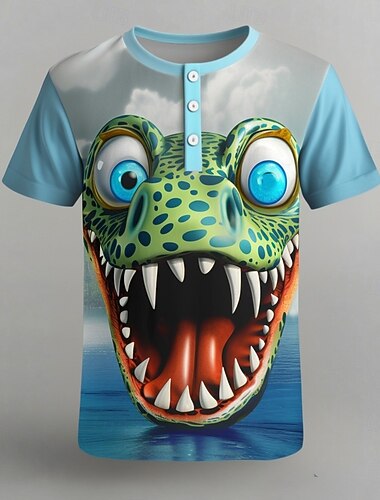  Herren Cartoon Krokodil T Shirt Henley Hemd Kurzarm Designer Retro Vintage Trendy Straße Lässig Täglich Sommer Frühling Hellblau Henley Henley T-Shirt