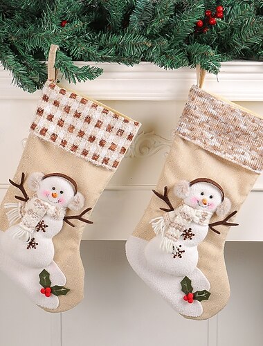  1 pièce bas de Noël grand sac cadeau avec bonhomme de neige à carreaux rayé manchette ornement suspendu pour arbre de Noël fête de vacances maison cheminée décoration de festival d'hiver