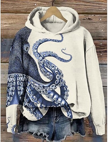  Dames Trui met capuchon Sweatshirt dier Streetwear Casual Lange mouw Capuchon Normale tops Straat Feestdagen Zak Afdrukken blauw Groen Khaki Herfst Winter