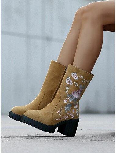  Dames geborduurde imitatiesuède halfhoge laarzen met dikke hak en bloemenpatroon – boho chique herfst- en winterschoenen voor feesten en buitenmode