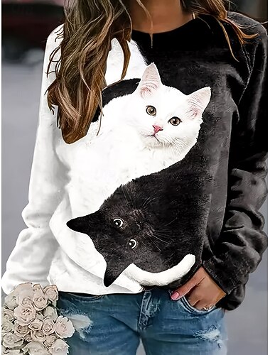  Dames T-shirt Lange Mouwen Grafisch Dier Kat Vintage Stijlvol Klassiek Lange Mouwen Crew Neck Ronde Hals Regular Tops Dagelijks Print Zwart en Wit Lente Fall Prefall