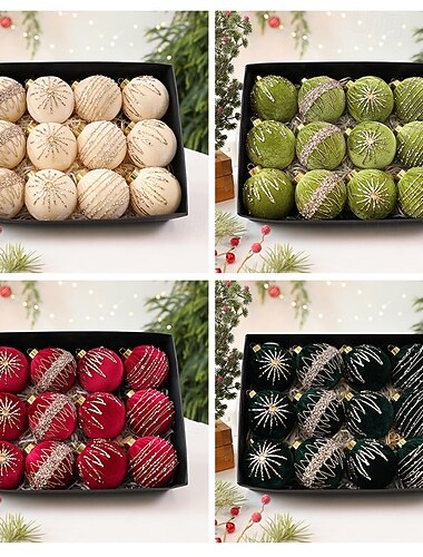  8cm/12個のクリスマスオーナメント、キラキラ輝くダイヤモンドベルベットラップクリスマスボールセット、グリッタークリスマスボールオーナメント、フロック加工吊り下げペンダント、クリスマスボール、クリスマスツリー用オーナメント