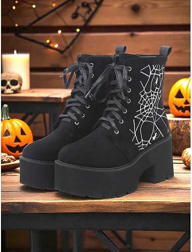  Svarta platåstövlar med spindelnätsbroderi för kvinnor - gotiska snörningsstövlar med grov klack för halloweenfest, cosplay och utekvällar