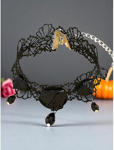  Women's Black Lace Rose Ankle Bracelet with Dangling Beads, Gothic Foot Jewelry for Halloween Parties