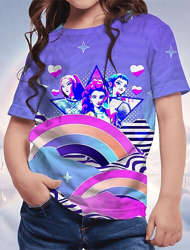  חולצת טי קצרה בסגנון אנימה אופנתי של K-pop, חמודה לבנות, נושמת ונוחה, מודפסת, אופנתית, לבוש קז'ואל, סגנון שובב, עיצוב חמוד, גרפיקה מהנה, תפירה איכותית