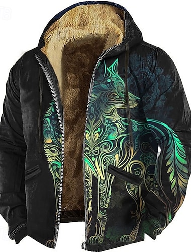  Pánské Liška 3D Fleece Kapuce Mikina Viking Vintage Retro Dlouhý rukáv Tričkový Venkovní Streetwear Žlutá Rubínově červená Šňůrky Podzim Zima Návrhář