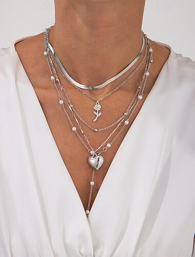  Collana con pendente Argento Strass Per donna Elegante Punk Nappa Stratificato Cuore Forma di Fiore Matrimonio A Forma di Y Collana Per Matrimonio Feste Streetwear