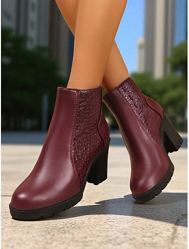  Botas femininas de couro sintético bordô com salto bloco e textura de crocodilo - elegante escritório de outono &botas casuais