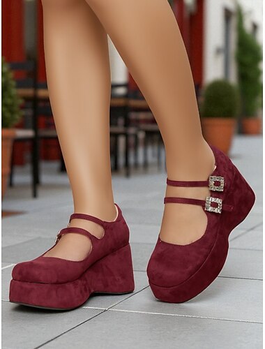  Scarpe da donna con zeppa e plateau Mary Jane color bordeaux con fibbia in cristallo - tacchi a punta tonda in pelle scamosciata stile retrò chic per outfit urbani, abbigliamento quotidiano e look da
