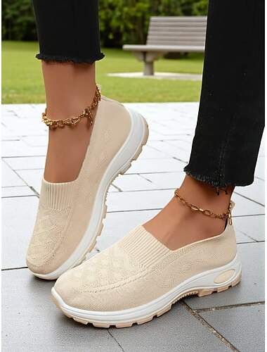  حذاء رياضي نسائي مريح سهل الارتداء من Flyknit باللون البيج - حذاء مشي خفيف الوزن وجيد التهوية للحديقة والمهمات والارتداء اليومي