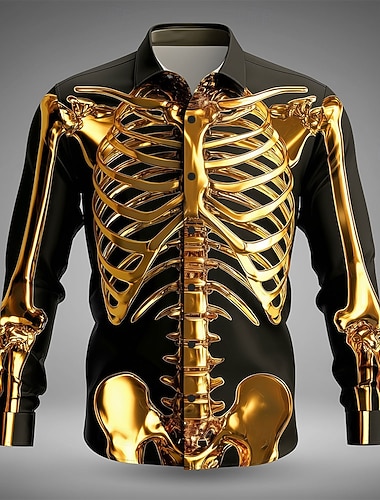  Herren Gold Skelett Kostüme Hemd Button-Up Hemd Langarm Dunkel Punk Gothic Stil Outdoor Urlaub Sommer Frühling Umlegekragen 3D Druck Kragenhemden Gold