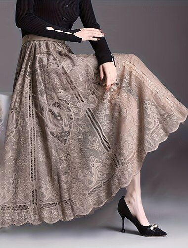  Dames Rok Schommel Modieus Maxi Medium taille Rokken Effen Kant Lapwerk Micro-elastisch Vakantie Straat Khaki Herfst Polyester