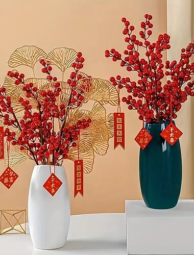  20 stk. julerøde bærstilker – 8,46-tommers kunstige røde bær til hjemmedekor, bryllup, DIY-håndverk, månenyttår og blomsteroppsatser til høytider