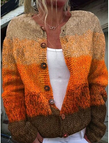  Suéter Cardigan Feminino Tricotado Ranhurado Botão Frontal Gola Redonda Manga Longa Leve Feminino Moda Diário Casual Floral Geométrica Estampa Listrada Knit Outdoor Diário Encontro Amarelo Laranja