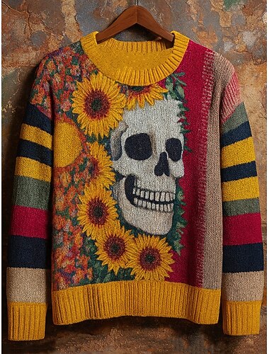  Halloween Kvinners Genser Monster Søt Gatekultur Casual Grafikk Dyr Crew Neck Patchwork Strikket Langermet Vanlige Topper Strikk Arbeid Svart+Hvit+Grå Ingefær Høst Vinter