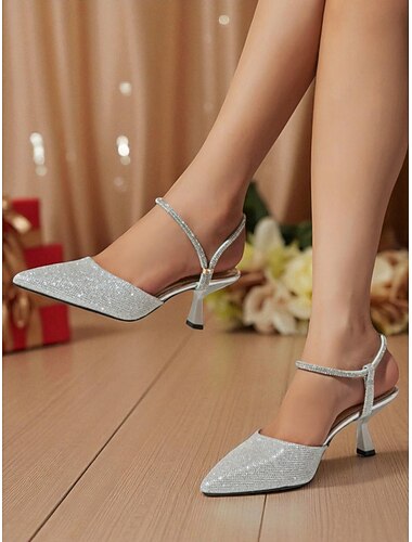  Women's Silver Glitter Pointed Toe Slingback Heels with Ankle Strap - Chic Nightlife Party Shoes