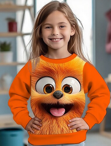  女の子 3D 動物 スウェットシャツ 長袖 春 秋 ファッション ベーシック 子供 4〜12年 クルーネック アウトドア カジュアル 日常 レギュラー