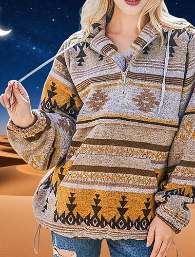  בגדי ריקוד נשים סווטשירט קפוצ'ון סוודר שבטי סגנון רחוב יום יומי נוח שרוול ארוך עם קפוצ'ון חולצות רגילות רחוב חגים ליציאה דפוס רבע מיקוד ורוד מסמיק אודם פול חום קפה סתיו