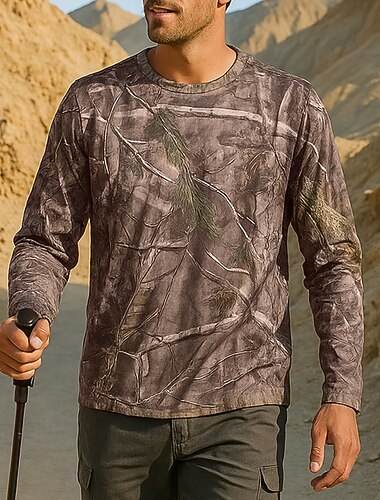  Per uomo Camicia da esterno Camicia da escursionismo Manica Lunga Girocollo Maglietta Top Esterno Asciugatura Rapida Leggero Elastico Traspirante Spandex Patchwork Marrone Caccia Pesca Arrampicata