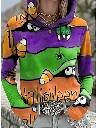  Halloween Damen Pullover Hoodie Sweatshirt Monster Grafisk Hodeskalle Vintage Motemessig Vestlig Langermet Hette Gate Daglig bruk Casual trykk Frontlomme Mørk rød Svart Rød Oransje Brun Høst Vinter