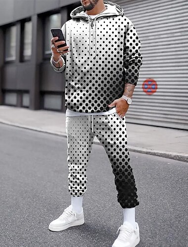  Herre Cirkel Geometrisk 2stk 3D sweatshirt sæt Træningsdragt Hættetrøje Langærmet Lange bukser Hætte Gade Afslappet Hverdag atletiktøj Dagligdagstøj 3D-udskrivning Forår Efterår Vinter Hvid Rød Blå