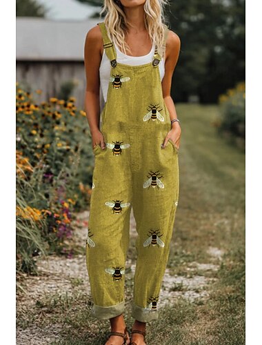  Damen-Latzhose aus 100 % Baumwolle, aktiv, Hummel-Grafik, ärmellos, gerader quadratischer Ausschnitt, Tasche, Urlaub, Alltag, lockere Passform, weiß, blau, grün, Sommer