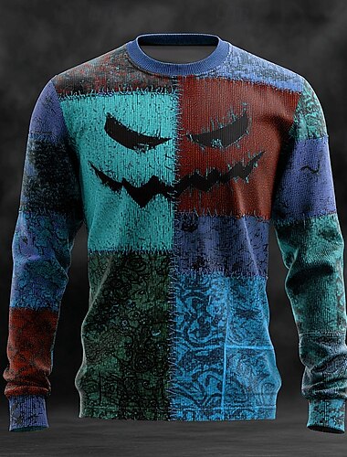  Halloween Herre Fargeblokk Pullover genser Strikketøy Crewneck Fritid Feriereise Daglig Festival 3D-utskrift Hold Varm Langermet Vår Høst Vinter Blå Brun Grønn