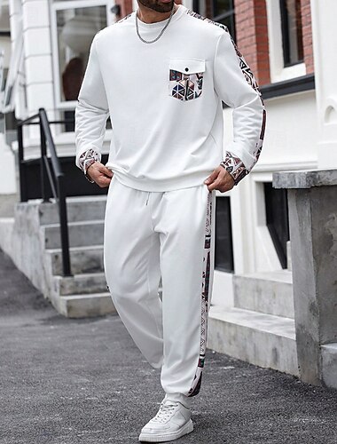  Per uomo Maglia Tuta da Ginnastica Set di felpe con cappuccio Girocollo All'aperto Quotidiano Sportivo Coulisse Tasca Geometrico Bianco Poliestere Abbigliamento sportivo Moda Streetwear Primavera